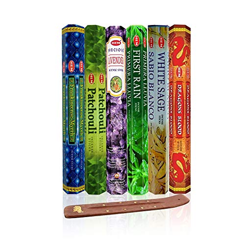 Six Most Popular Hem Incense Scents of All Time, 120 Sticks Total, with Free Burner - 20 Sticks Each of Dragon's Blood, Frankincense & Myrrh, Patchouli, Precious Lavender, First Rain, and White Sage