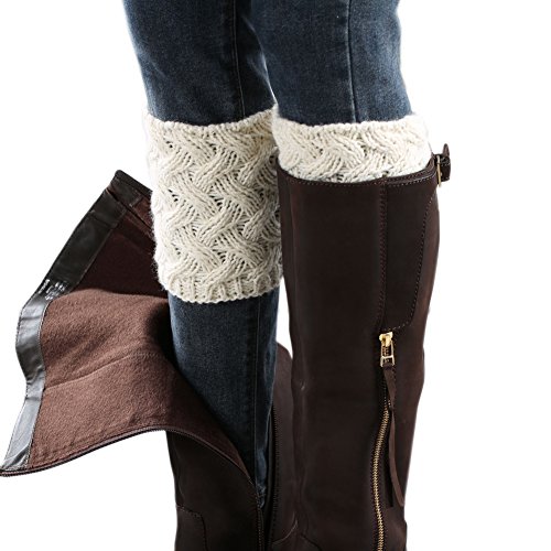 FAYBOX Short Women Crochet Boot Cuffs Winter Cable Knit Leg Warmers Ivory