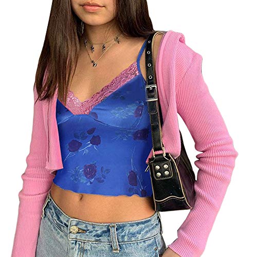 Women Lace Crop Top Sexy Strap Tank Top Backless Slim E-Girl Camis Sleeveless Summer See Through Camisole Top Shirt (Floral Blue, Small)