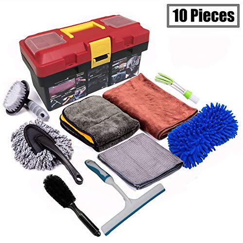 Snow Eagle-L 10Pcs Car Cleaning Tools Kit, Car Wash Tools Kit for Detailing Interiors Premium Microfiber Cleaning Cloth - Car Wash Sponges - Tire Brush - Window Water Blade