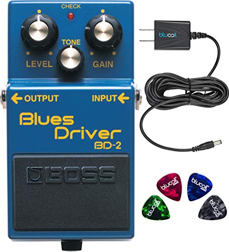 BOSS BD-2 Blues Driver Guitar Effects Pedal Bundle with Blucoil Power Supply Slim AC/DC Adapter for 9 Volt DC 670mA, and 4-Pack of Celluloid Guitar Picks