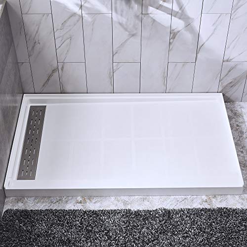 Woodbridge SBR6030-1000L Solid Surface Shower Base with Recessed Trench Side Including Stainless Steel Linear Cover, 60' L x 30' W x 4' H,Left Drain White Color