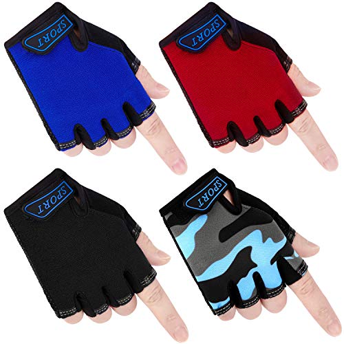 Cooraby 4 Pairs Kids Cycling Gloves Outdoor Sport Half Finger Gloves Non-Slip Children Gloves for Cycling Biking Skating Training or Other Sports