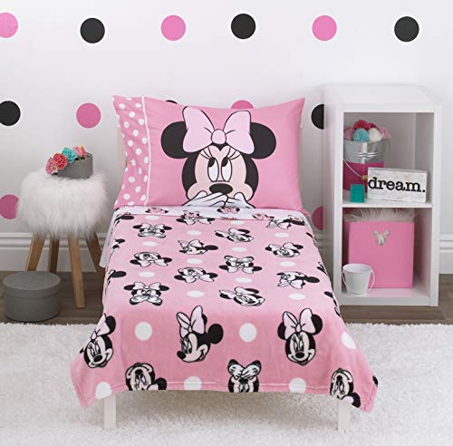 Disney Minnie Mouse - Blushing Minnie - 4Piece Toddler Bed Set - Coral Fleece Toddler Blanket, Fitted Bottom Sheet, Flat Top Sheet, Standard Size Pillowcase, Pink, White, Black