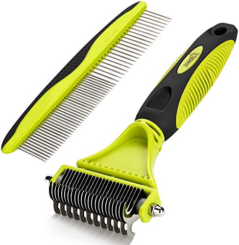 Pecute Dematting Comb Grooming Tool Kit for Dog & Cat Double Sided Blade Rake Comb with Grooming Brush