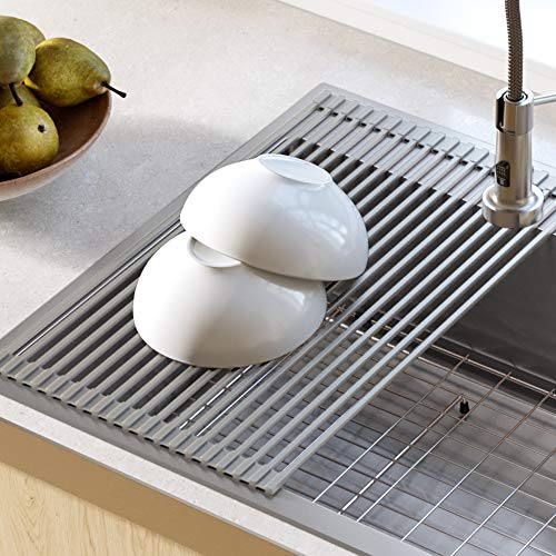 Kraus KRM-10 GREY Silicone-Coated Stainless Steel Over The Sink Multipurpose Roll-Up Dish Drying Rack, Grey