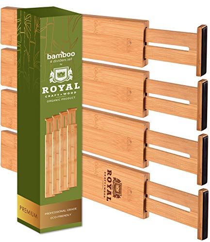 Adjustable Bamboo Drawer Dividers Organizers - Expandable Drawer Organization Separators For Kitchen, Dresser, Bedroom, Bathroom and Office, 4-Pack (17-22 IN, Natural)