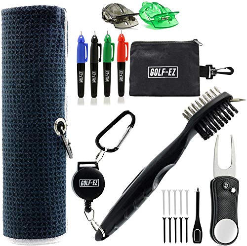 Golf-EZ Golf Essentials 21 Piece Kit | Microfiber Towel | Retractable Cleaning Brush | Divot Repair Tool | Golf Ball Alignment Marking Tool