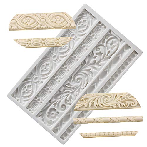 Neepanda DIY Baroque Scroll Relief Cake Border Silicone Molds, Baroque Style Curlicues Scroll Lace Fondant Silicone Mold, European Frame Cake Decorating Tools, Relief Flower Lace Mould Mat(Gray)