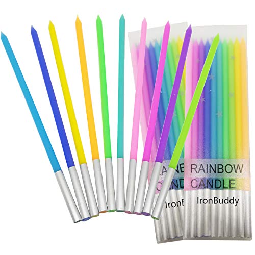 IronBuddy 30 Count Cake Candles Long Thin Cake Candles Metallic Birthday Candles in Holders for Party Wedding Birthday Cake Decorations (Rainbow Color-2)