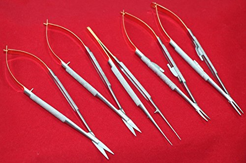 New German Stainless Set of 5 PCS CASTROVIEJO Micro Surgery Scissors Needle Holder Straight and Curved Plus Suture Tying Forceps 6 Inches Surgical Instruments