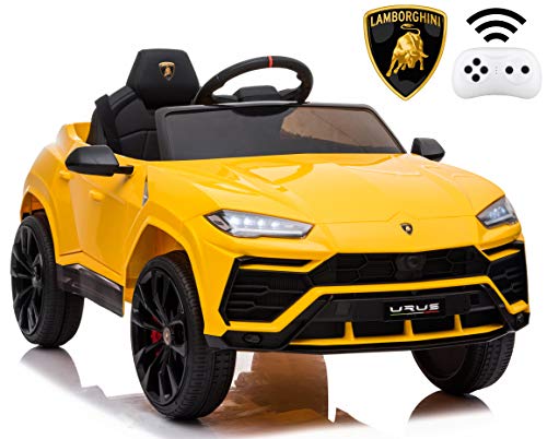 Rock Wheels Licensed Lamborghini Urus Ride On Truck Car Toy, 12V Battery Powered Electric 4 Wheels Kids Toys w/ Parent Remote Control, Foot Pedal, Music, Aux, LED Headlights, 2 Speeds (Yellow)
