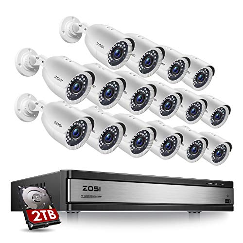 ZOSI H.265+ 1080p 16 Channel Security Camera System, 16 Channel DVR Recorder with Hard Drive 2TB and 16 x 1080p Weatherproof CCTV Bullet Camera Outdoor Indoor with 80ft Night Vision, Motion Alerts