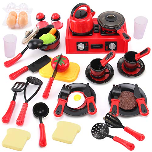 Liberty Imports 44 Pieces Mini Breakfast Stove Top Kitchen Appliances Playset with Play Food, Tools and Utensils - Pretend Play Cookware Toys for Toddlers and Kids