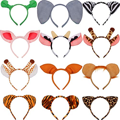 12 Pieces Zoo Animals Ears Headband Jungle Safari Animals Hairbands Cosplay Hair Hoop for Birthday Party Christmas Halloween Costume