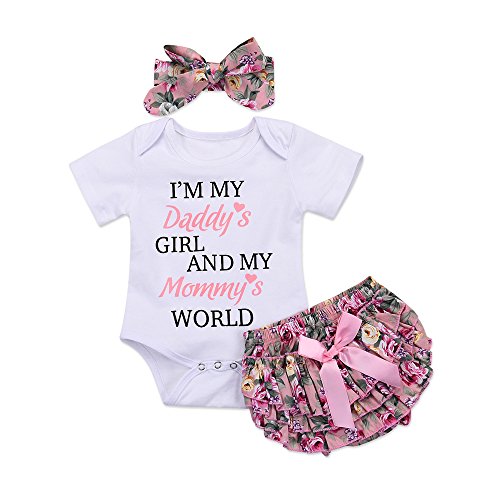 Honykids 3PCS Newborn Baby Girl Romper Jumpsuit Bodysuit +Pants Shorts+Headband Outfit Set