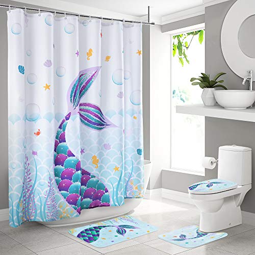 WERNNSAI Blue Mermaid Tail Bathroom Sets with Shower Curtain Rugs Mats Accessory - Bathroom Decorations Sets with Non Slip Rugs Toilet Lid Cover Bath Mat for Kids Girls