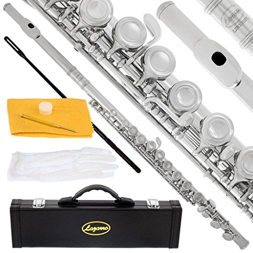 Lazarro Professional Silver Nickel Closed Hole C Flute for Band, Orchestra, with Case, Care Kit and Warranty, 120-NK