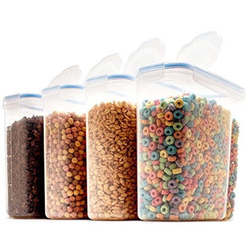 Set of 4 Large Cereal & Dry Food Storage Containers BPA-Free Plastic Container Airtight Lid Suitable for Cereal, Flour, Sugar, Coffee, Rice, Nuts, Snacks, Pet Food & More (4L, 16.9 Cup, 135.5 Ounce)
