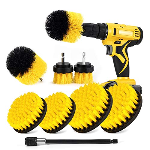 SHIELDPRO Drill Brush Attachment Set,Power Cleaning Scrub Brush,All Purpose Drill Brushes with Extend Long Attachment for Bathroom and Kitchen Surface,Grout,Tub,Shower,Tile,Corners, Automotive-Yellow