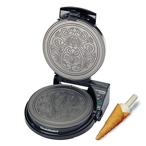 Chef'sChoice 839 KrumKake Express Krumkake Cookie Maker with Color Select Quick Baking Instant Temperature Recovery Fast Bake Easy to Clean with Overflow Channel Includes Cone Roller, Black