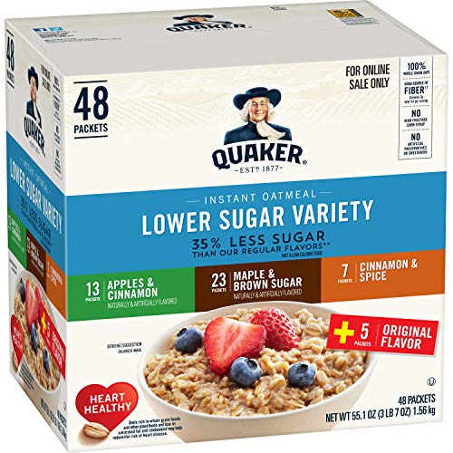 Quaker Instant Oatmeal, Lower Sugar, 4 Flavor Variety Pack, Individual Packets, 48 Count