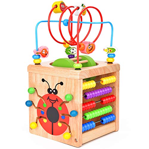 BATTOP Wooden Activity Cube Deluxe Multi-Function CPSC Certified Bead Maze Educational Toy 3 Year Old Toy (6 in 1)