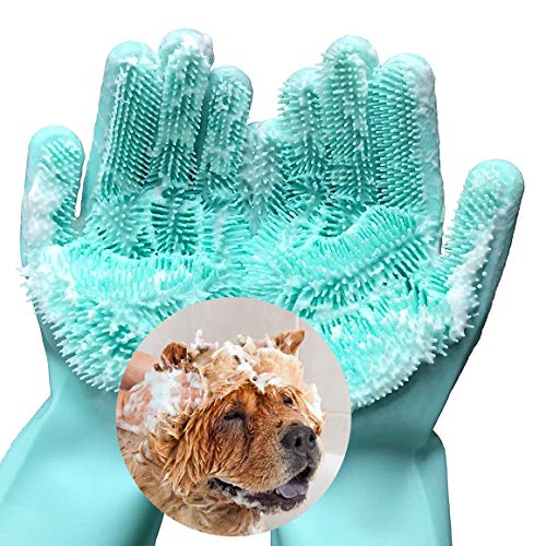 FecPecu Pet Grooming Gloves, Dog Bathing Shampoo Gloves with High Density Teeth, Silicone Hair Removal Gloves with Enhanced Five Finger Design for Dogs, Cats (Green)