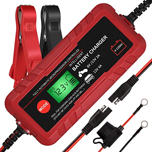 Adakiit 6/12V 4A Smart Battery Charger/Maintainer Fully Automatic 8-Stages Trickle Charger for Automotive Car Motorcycle Lawn Mower Marine Boat RV ATV Sealed Lead Acid Battery