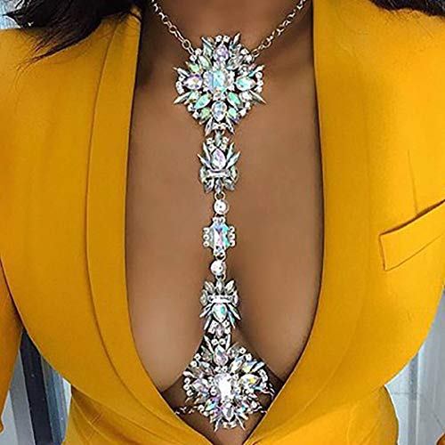 ELABEST Boho Rhinestone Statement Chest Chain White Crystal Necklace Body Chain Summer Beach Body Jewelry Accessories for Women and Girls