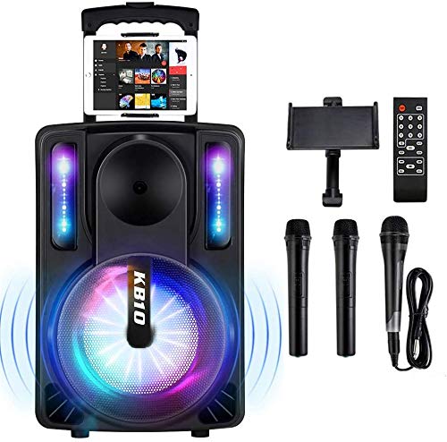 Karaoke Machine for Kids & Adults, SEAPHY DJ Lights 10'' Woofer BT Connectivity Rechargeable PA System-Audio Recording, Remote/2 Wireless/1 Wired Microphone