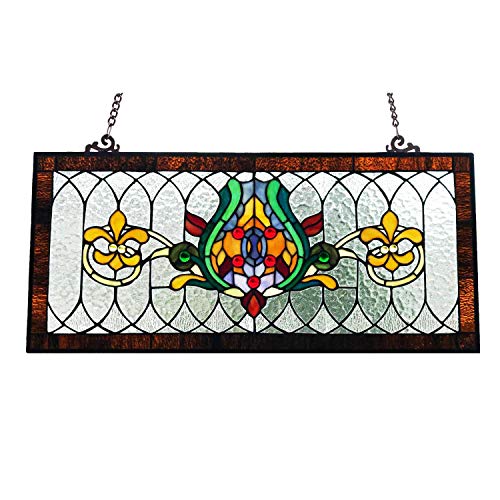 River of Goods Fleur De Lis 30 Inch Wide Stained Beveled Glass Pub Window Panel, Brown Yellow, Green