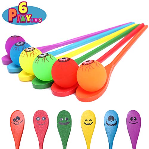 Halloween Egg and Spoon Race Game Set, 6 Wooden Spoons & 6 Glow in The Dark Bouncing Balls with Assorted Colors for Halloween Bouncy Party Favor Supplies, Halloween Outdoor Fun Games for Kids Adults, Classroom Activities