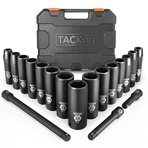 TACKLIFE Drive Impact Socket Set, 18pcs 1/2-inch Drive Deep Impact Socket Set, 6 Point, 10-24mm, 15pcs Metric Sockets with 3pcs 1/2-Inch Drive Impact Extension Bar Set - HIS1A