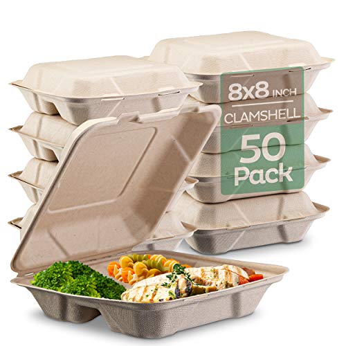 100% Compostable Clamshell Take Out Food Containers [8X8' 3-Compartment 50-Pack] Heavy-Duty Quality to go Containers, Natural Disposable Bagasse, Eco-Friendly Biodegradable Made of Sugar Cane Fibers