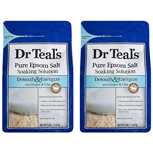 Dr Teal's Epsom Salt Bath Soaking Solution with Ginger and Clay - Detoxify and Energize - Pack of 2, 3 lb Resealable Bags - Moisturize Your Skin, Relieve Stress and Sore Muscles