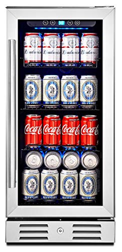 Kalamera 15” Beverage Cooler and Refrigerator Under Counter Built-in or Freestanding - 96 Cans Capacity Mini Fridge- for Soda, Water, Beer or Wine - For Kitchen or Bar with Blue Interior Light