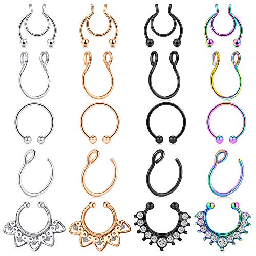 MODRSA Faux Septum Piercing Fake Septum Nose Hoop Rings Stainless Steel Faux Lip Ear Nose Face Septum Ring Non Piercing Clip On Moon Nose Rings Hoops
