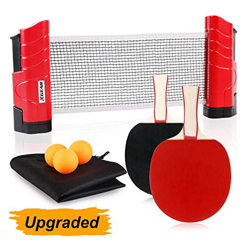 XGEAR Anywhere Ping Pong Equipment to-Go Includes Retractable Net Post, 2 Ping Pong Paddles, 3 pcs Balls, Attach to Any Table Surface, for All Ages