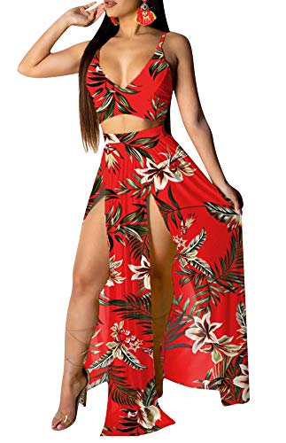 Women's Sexy 2 Piece Maxi Dress Spaghetti Strap Crop Top and Split Skirt Beach Sets