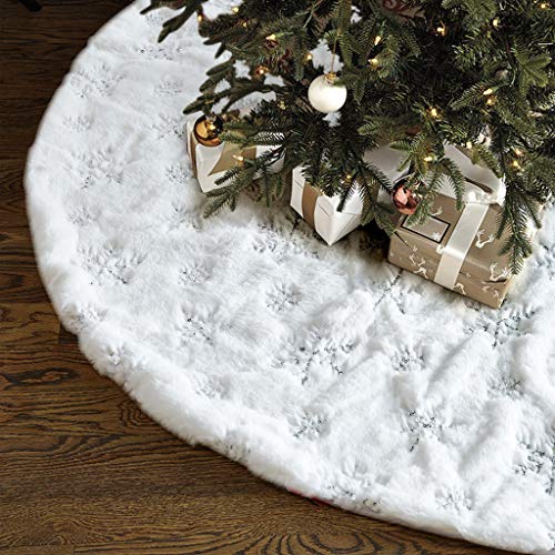 Christmas Tree Skirt - 48 inches Large White Luxury Faux Fur Tree Skirt Christmas Decorations Holiday Thick Plush Tree Xmas Ornaments (White/Sliver)
