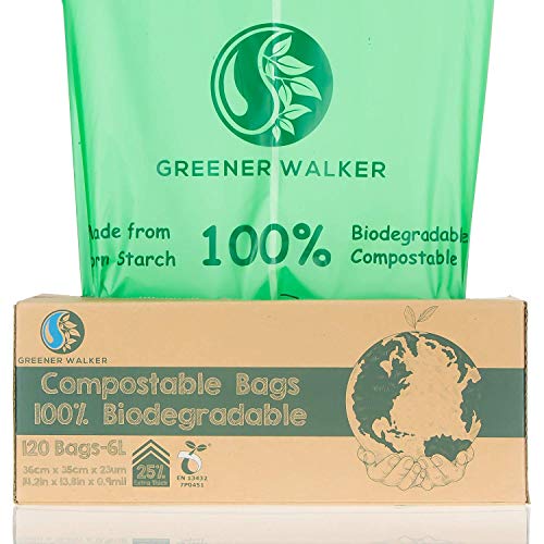 Greener Walker 25% Extra Thick Compostable Trash Bags, 1.6 Gallon-120Bags, ASTM D6400 BPI Biodegradable Food Kitchen Waste Bags