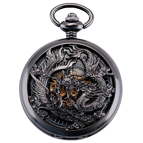 ManChDa Antique Mechanical Pocket Watch Lucky Dragon & Phoenix Black Skeleton Dial Roman Numberals with Chain