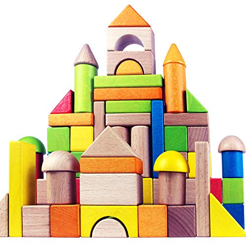 Migargle Wooden Building Blocks Set for Kids - Rainbow Stacker Stacking Game Construction Toys Set Preschool Colorful Learning Educational Toys - Geometry Wooden Blocks for Boys & Girls