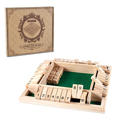 AMEROUS 1-4 Players Shut The Box Dice Game,Classic 4 Sided Wooden Board Game with 10 Dice and Shut-The-Box Instructions for Kids Adults, Classics Tabletop Version and Pub Board Game