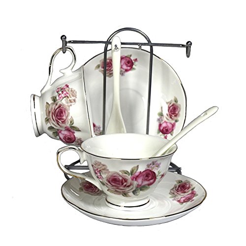 Porcelain Tea Cup and Saucer Coffee Cup Set with Saucer and Spoon by Wandeful, Set of 7 (2 Tea Cups, 2 Saucers, 2 Spoons, and 1 Bracket)