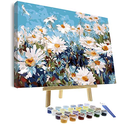 Vigeiya 16x20in Oil Paint by Numbers for Adults Beginners Include Framed Canvas and Wooden Easel with Brushes and Acrylic Pigment (Daisy Flower)