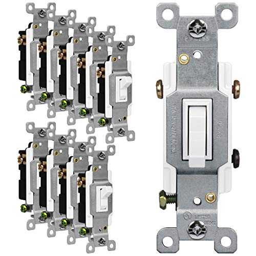 ENERLITES Toggle Light Switch, 3-Way or Single Pole, 15A 120-277V, Grounding Screw, Residential Grade, UL Listed, 83150-W-10PCS, White (10 Pack), 10