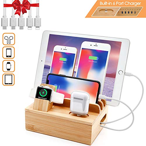 Bamboo Charger Station for Multiple Devices Sendowtek 6 in 1 USB Charging Station with 5-Port for Cell Phone Tablet Electronic, Watch Stand Earbuds Docking Station Organizer-5 Mixed Cables Included