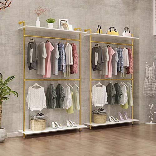 MDEPYCO Modern Simple Industrial Pipe Double Hanging Rods Clothing Rack,Retail Display Wall Mounted Storage Clothes Hanging Shelf,2 Tier Wood Garment Rack (One Shelves,Gold, 47.2 L)